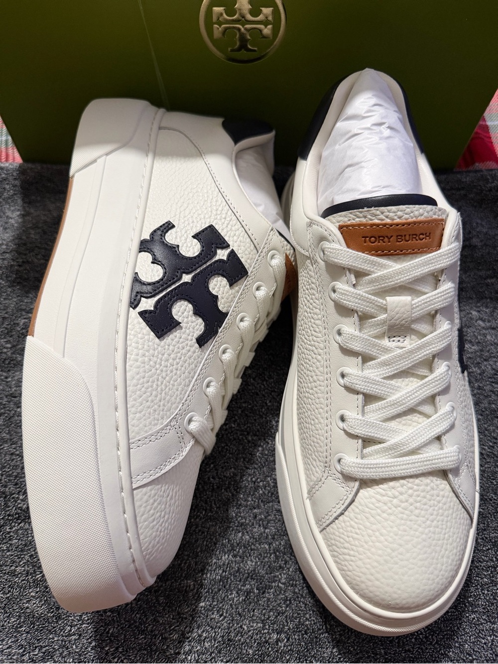 Tory Burch White Leather Sneakers with Black Logo - Picture 2 of 3